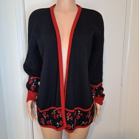 Vintage 80's Christmas Cardigan Sweater Size XL Bedford Fair Red/Black - Picture 1 of 10